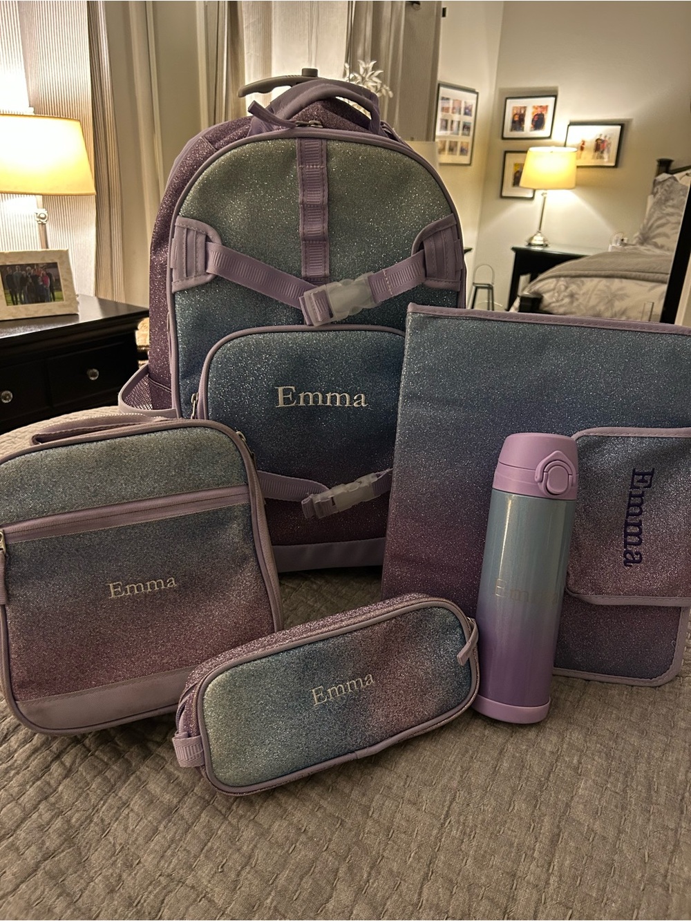 Pottery Barn Kids Ombré Sparkle Glitter Rolling Backpack Set w “Emma” embroidery